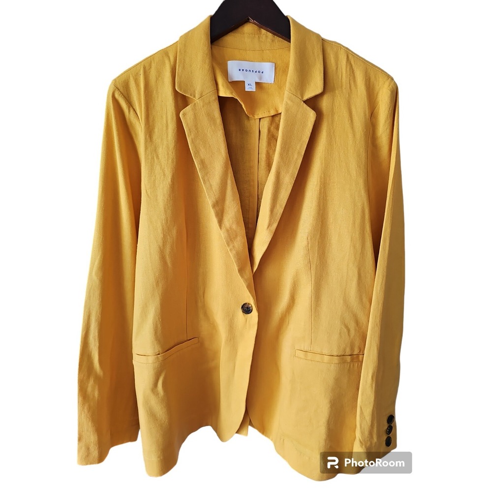 PopSugar Woman's Solid Yellow Blazer Single Button Blue Accent Pockets